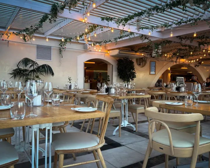 Svijetla sala Vunape bistroa sa zelenilom i lampicama